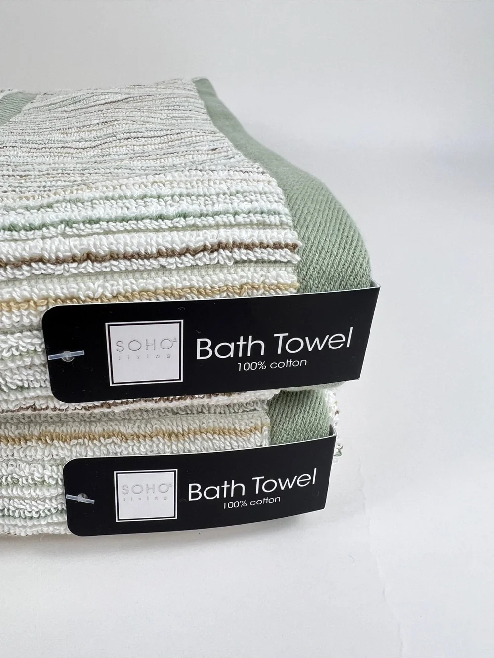 SOHO Living Bath Towels in Sage Cream Tan Striped Soft 100% Cotton Set of 2 NEW